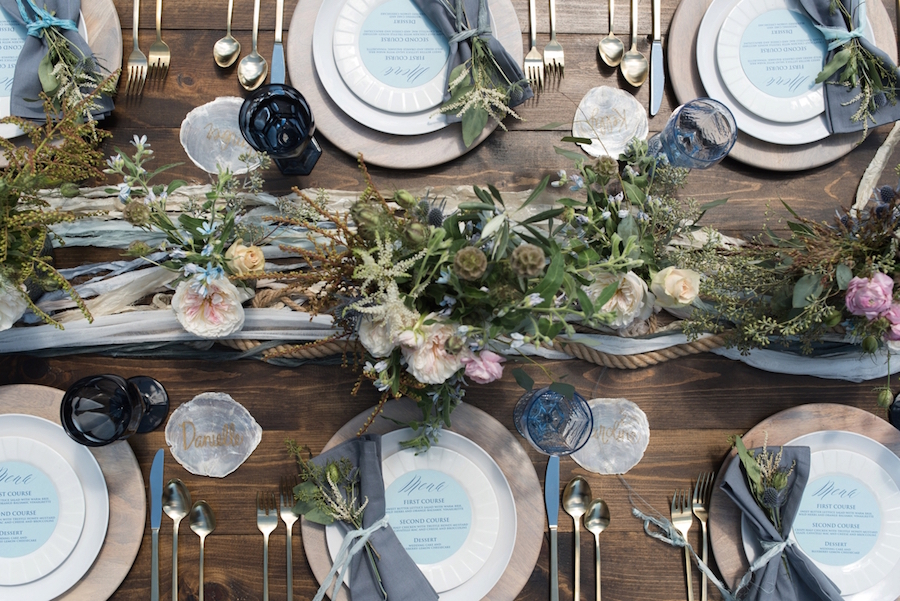 Coastal Inspired Wedding Place Setting Design with Floral Accent on Farm Table | Tampa Bay Wedding Photographer, Caroline & Evan Photography