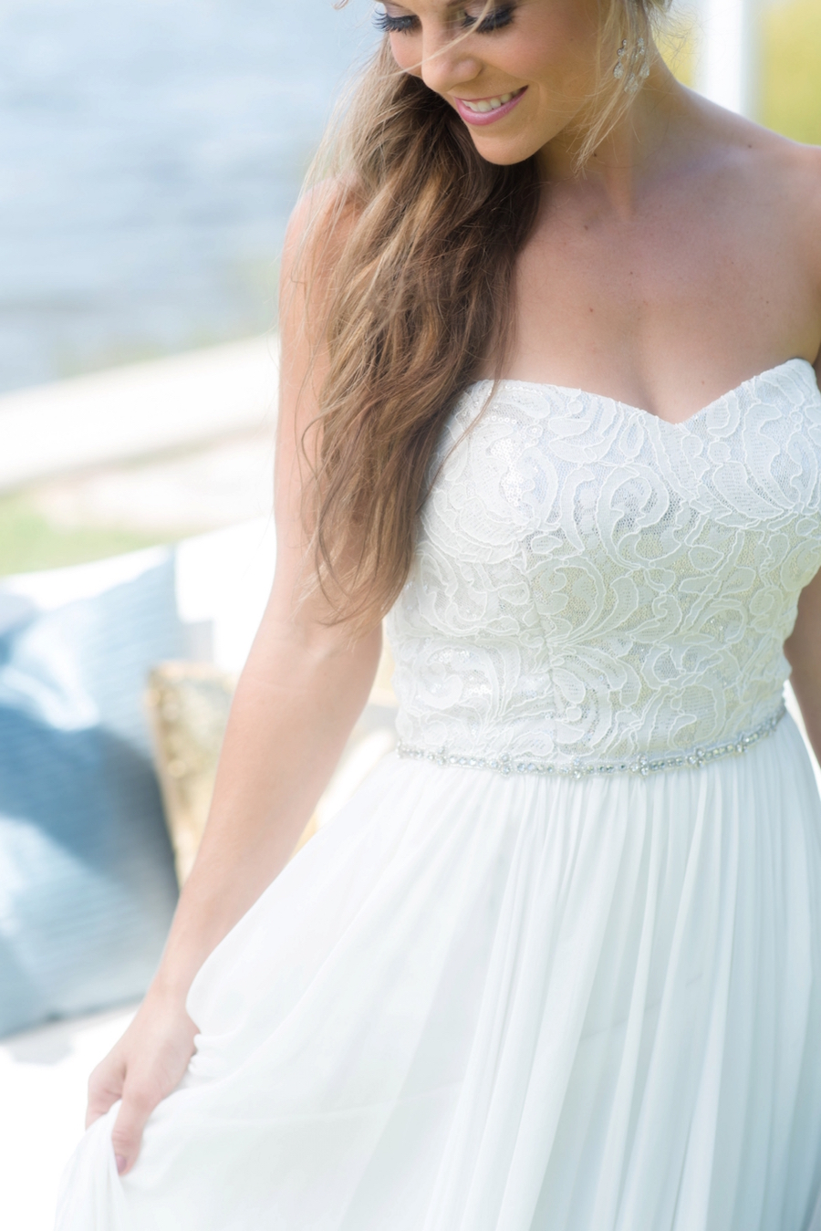 Bridal Beach Wedding Portrait in Strapless Chiffon Dessy Wedding Dress| St. Pete Wedding Photographer, Caroline & Evan Photography