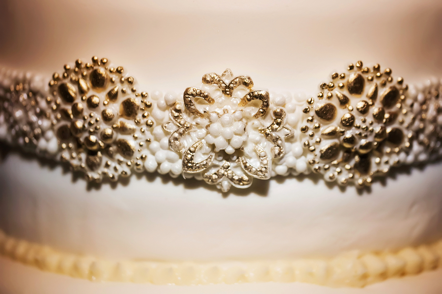 Custom Wedding Cake Detail with Gold and White Brocade Accent| Photo by Tampa Bay Wedding Photographer Limelight Photography