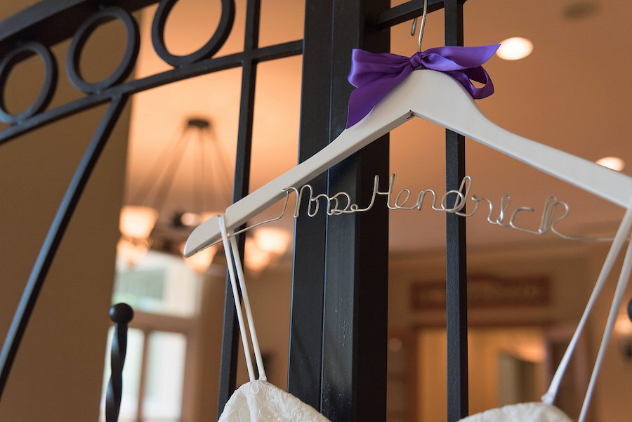 Bridal Wedding Gown with Custom Mrs. Wedding Dress Hanger | Photo by Tampa Bay Wedding Photographer Kristen Marie Photography