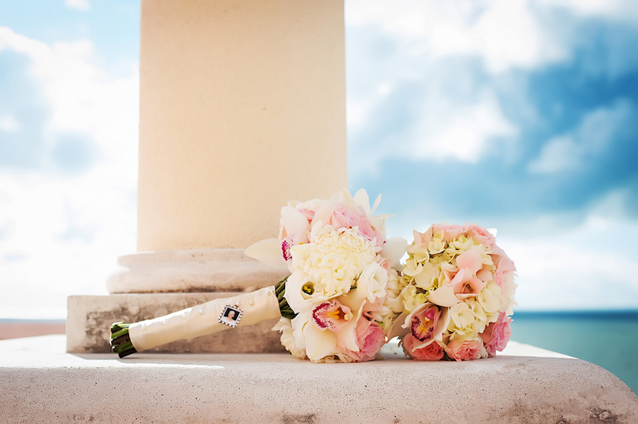 Pink and Ivory Floral Wedding Bouquet with Ivory Silk Wrapped Stems and Grandmother's Portrait Charm | Clearwater Beach Wedding Photographer Limelight Photography