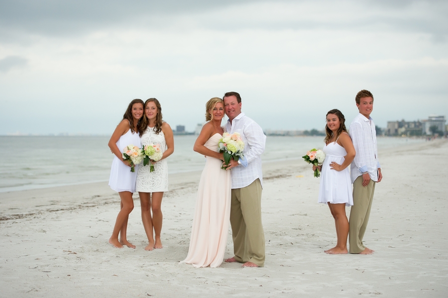 Bride and Groom and Family/Bridal Party Beach Wedding Portraits With White Dresses and Ivory and Coral Bridal Bouquet | St. Petersburg Weddig Photographer Andi Diamond Photography