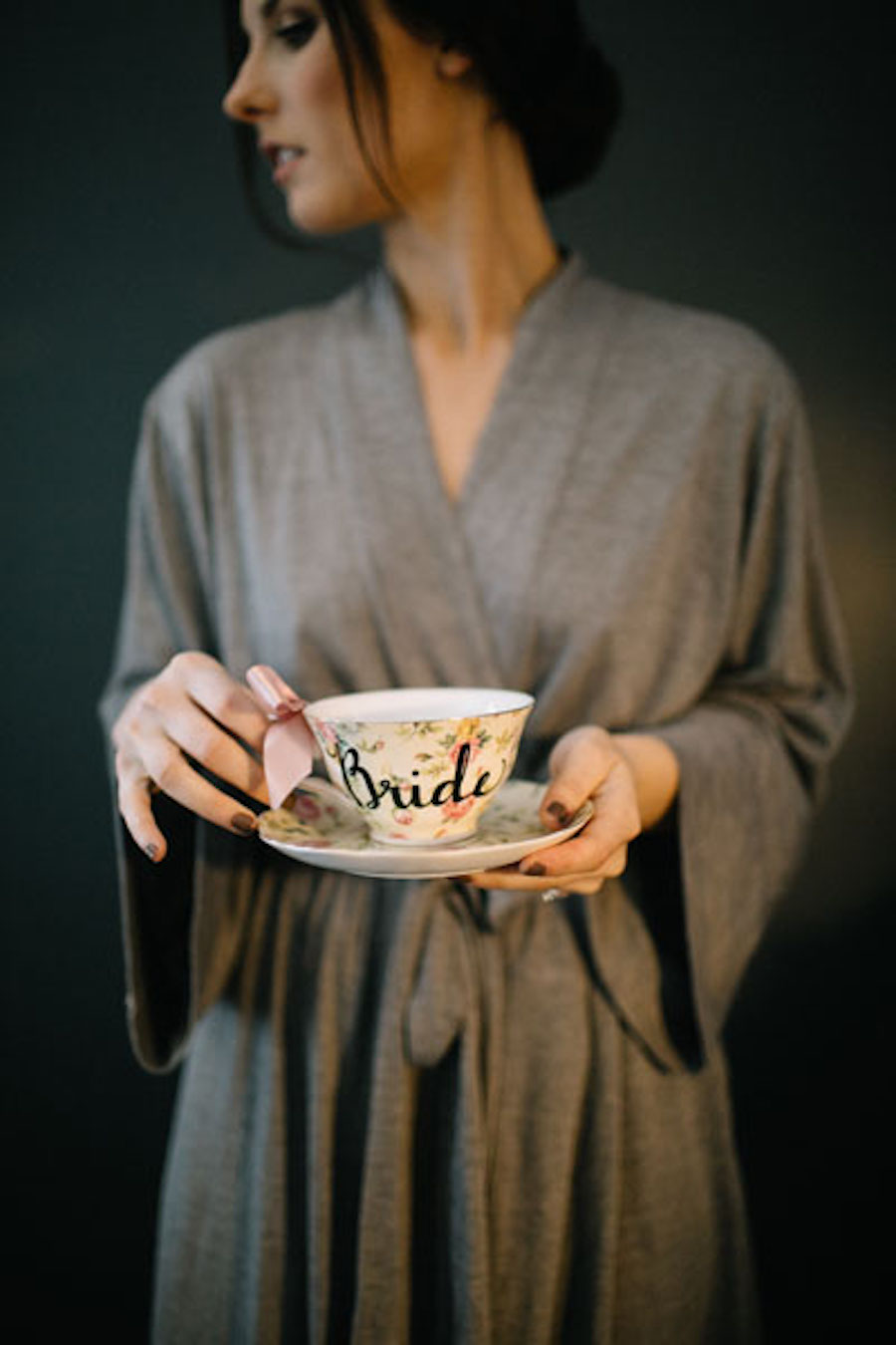 Getting Ready Details: Bridal Wedding Portrait in Robe Holding Bride Tea Cup