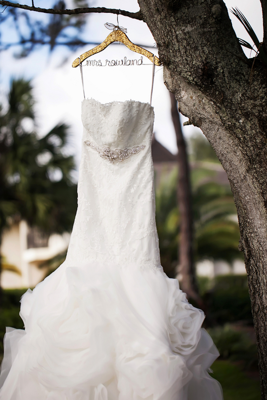 Strapless Wedding Dress on Custom Mrs Monogrammed Hanger| Photo by Tampa Bay Wedding Photographer Limelight Photography