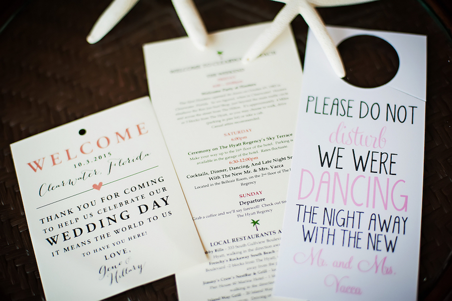 Bride and Groom Wedding Welcome Cards and Do Not Disturb Sign, Ceremony Program and Stationery