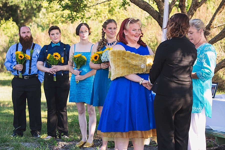 Same Sex Outdoor Wedding Ceremony with Blue Wedding Dress and Sunflower Bouquets | St. Pete Wedding Photographer Knight Light Imagery