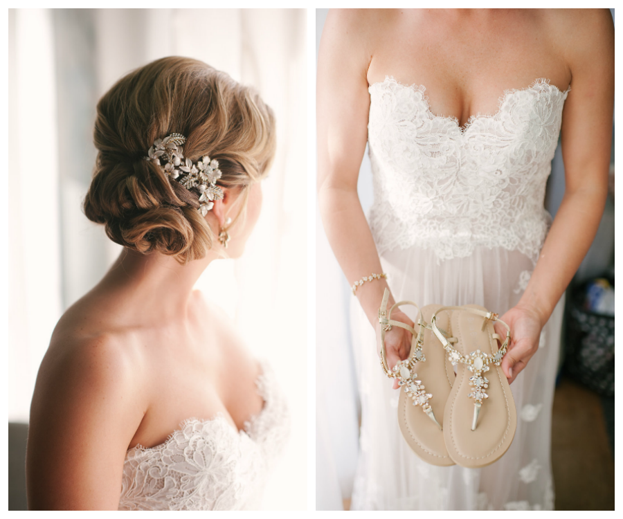 Bridal Wedding Portrait | Bridal Hair Up-do| Siesta Key Sarasota Bride Beach Wedding Sandals and Strapless Lace Dress