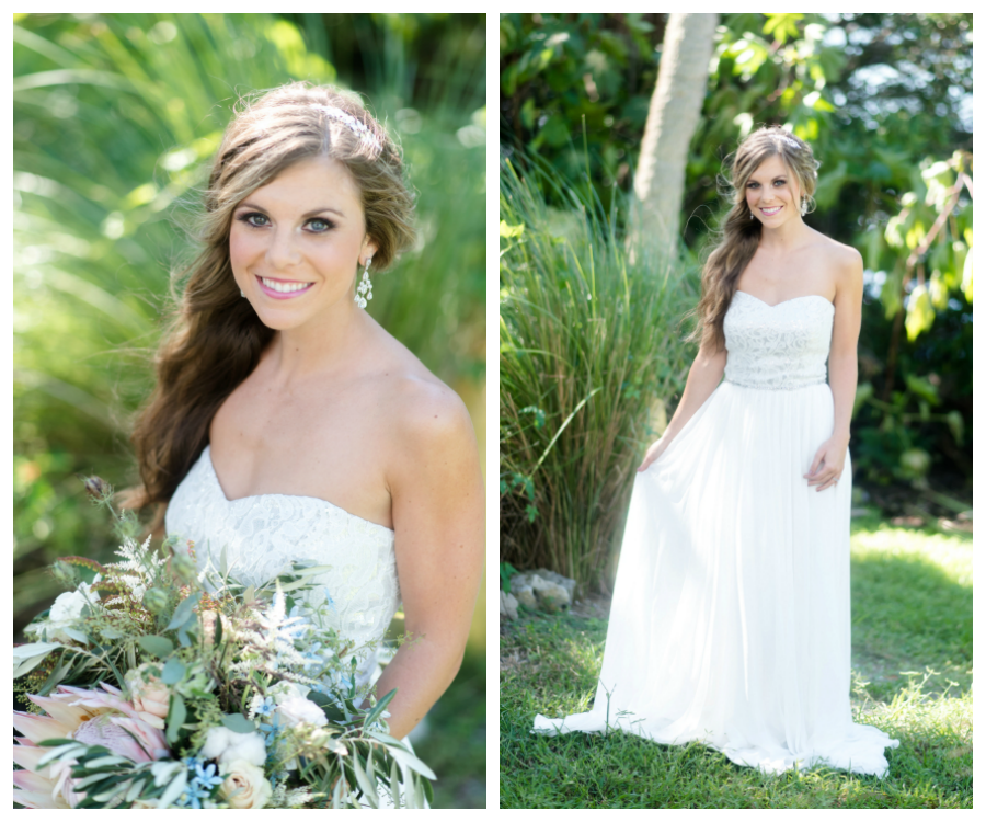 Bridal Wedding Day Portrait in Strapless Chiffon Gown by Dessy| Lush Greenery Wedding Bouquet with Proteas| St. Pete Wedding Photographer \ Caroline & Evan Photography| Tampa Bay Wedding Hair & Makeup By Lasting Luxe Hair & Makeup