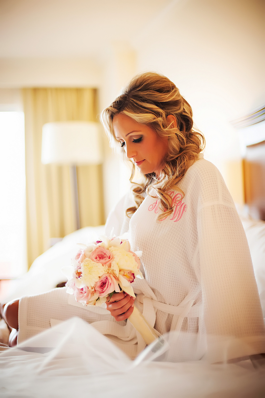 Bride Getting Ready Wedding Portrait in Robe with Pink and Ivory Wedding Bouquet | Clearwater Beach Wedding Photographer Limelight Photography