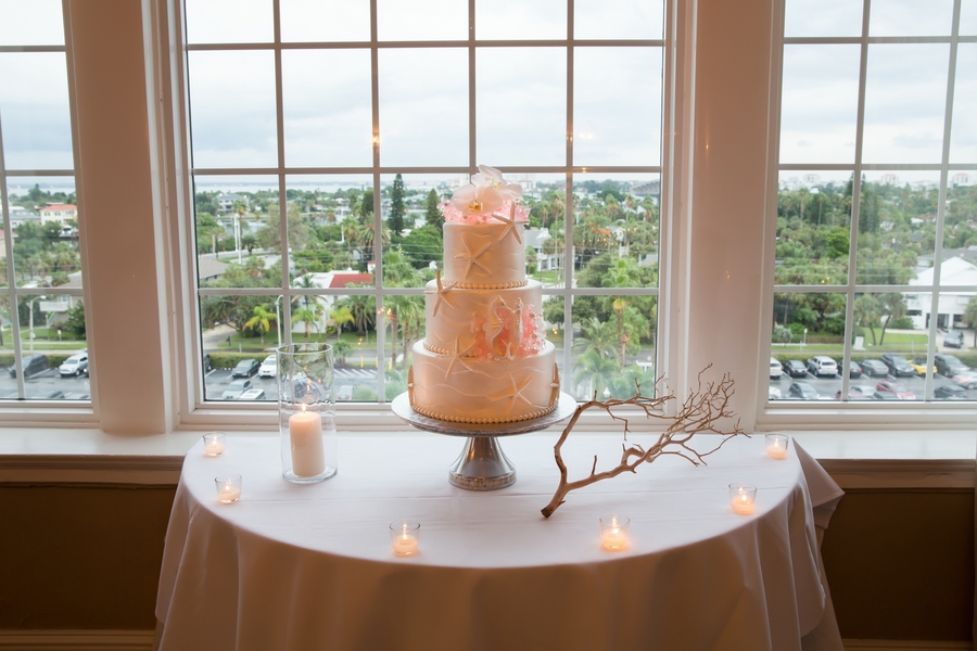 Beach Themed Three Tiered Wedding Cake with Starfish, Seahorse, and Coral Reef Detailing