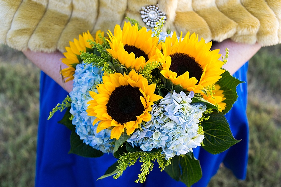 Bridal Wedding Bouquet with Yellow Sunflowers and Blue Hydrangea Flowers | St. Pete Wedding Photographer Knight Light Imagery