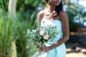 Coastal Light Blue Strapless Bridesmaid Wedding Dress by Dessy | Bridesmaid Bouquet with Greenery and Roses| Tampa Bay Wedding Photographer, Caroline & Evan Photography