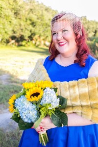 Bridal Wedding Portrait with Blue Wedding Dress, Fur Shawl, Birdcage Veil, and Yellow Sunflower Bouquet | St. Pete Wedding Photographer Knight Light Imagery