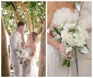 Wedding Day Bride and Groom First Look Portrait | White and Pink Wedding Bouquet with Burlap Detail| Wedding Florals by Sarasota Florist Florist Fire