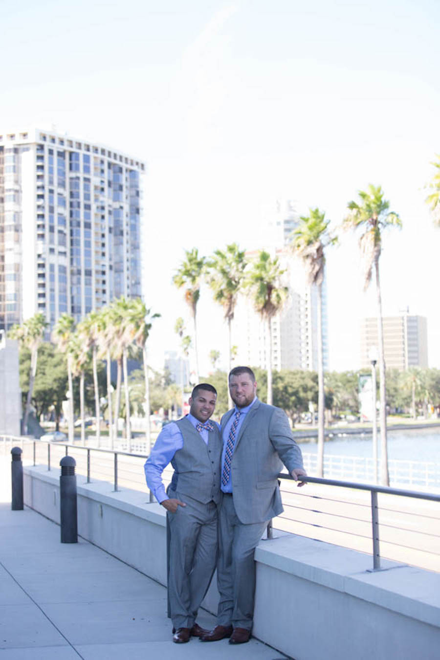 Same Sex Outdoor Wedding Portrait With Grooms In Grey Suits | St. Pete Wedding Photographer Lisa Otto Photography