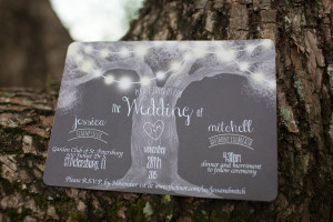 St. Pete Grey and White Lord of the Rings Inspired Wedding Stationary Invitations with Tree and Lights