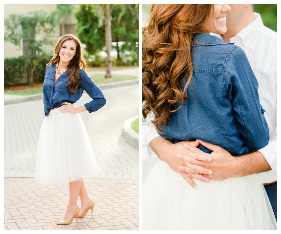 St. Pete Outdoor Engagement Portrait with Tulle Skirt with Denim Shirt Walking on Brick Road | St. Petersburg Wedding Photographer Ailyn La Torre Photography