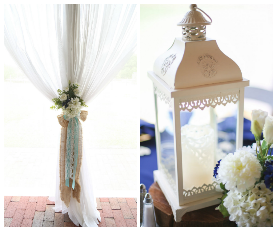 Rustic Wedding Reception Decor with White Lanterns and White and Blue Centerpiece Flowers