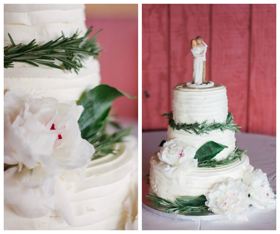 Three Tiered, Round White Wedding Cake with Garland, Greenery Accents and Willow Tree Cake Topper