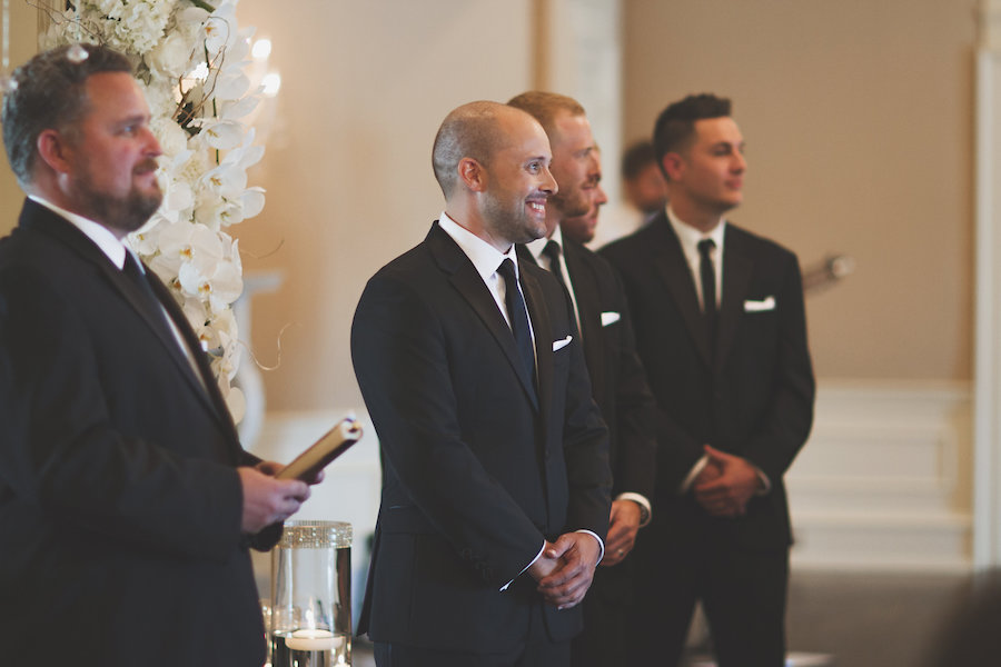 Groom's Reaction at Wedding Altar during Ceremony as He Sees Bride