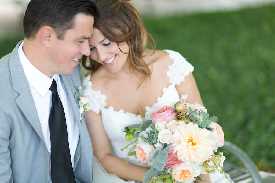 Bridal Wedding Day Portrait in Isabel O'Neil Wedding Dress and Grooms Grey Suit | Pastel Wedding Bouquet with Light Pink and Dusty Green and Succulents|Saint Petersburg Wedding Photographer Roohi Photography