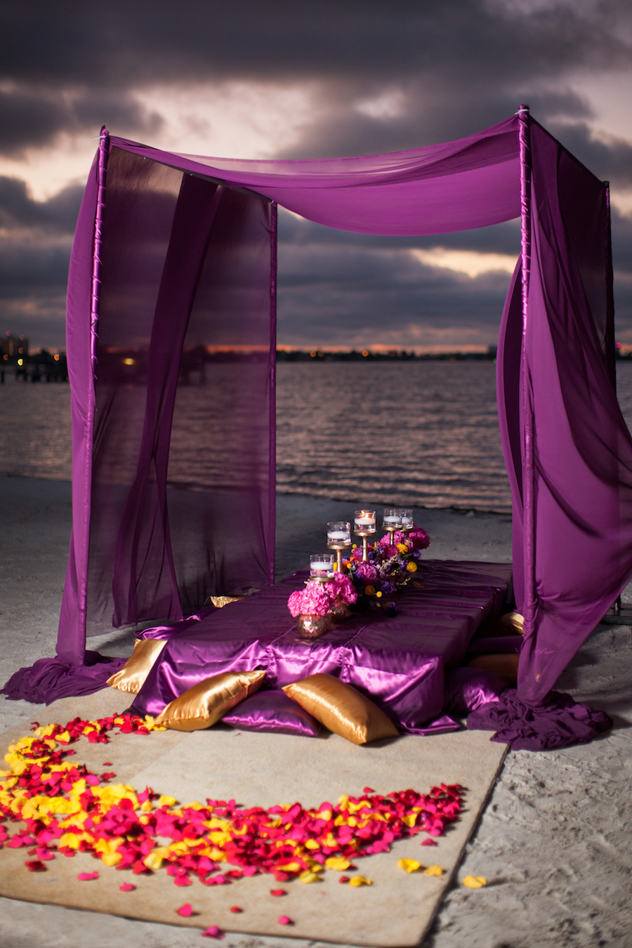 Asian Fusion St Petersburg Wedding with Purple and Yellow Ceremony Flower Rose Petals and Purple Canopy Tent | St. Petersburg Wedding Florist Iza's Flowers