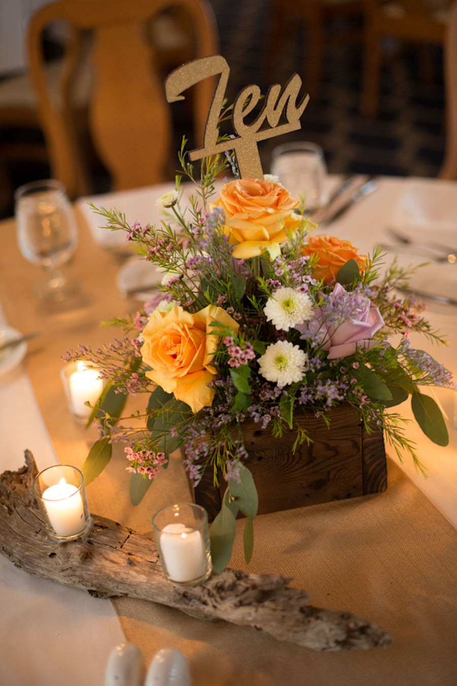 Clearwater Wedding Reception Table Decor with Peach and Purple Flowers in Wooden Boxed Centerpiece and Driftwood with Candles