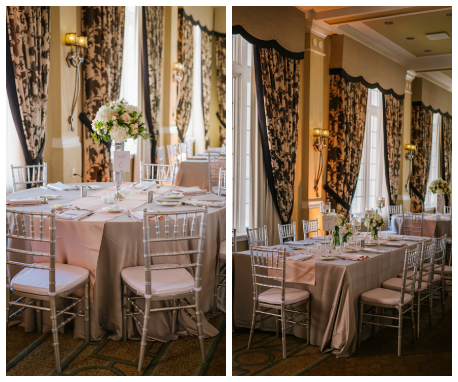 St. Petersburg Wedding Reception Decor with Silver Chiavari Chairs and Tall, Ivory and Pink Flower Centerpieces | St. Pete Wedding Venue Loews Don CeSar