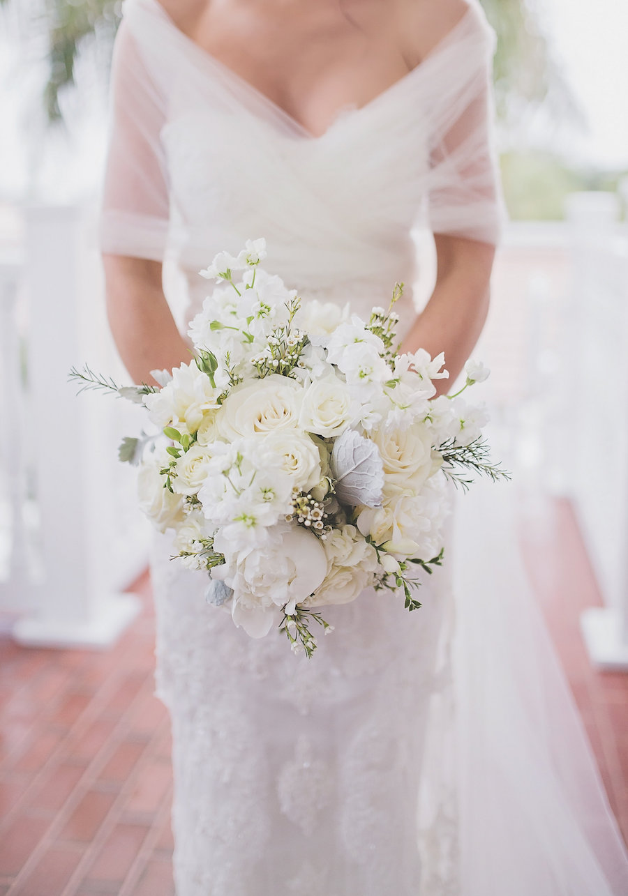 Sarasota Bride's White and Cream Wedding Bouquet with Embroidered White Wedding Dress