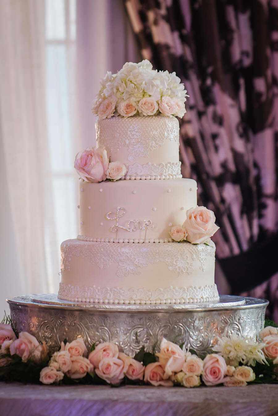 St. Petersburg Wedding Reception Elegant Round Three Tiered Ivory Wedding Cake with Pink Flowers