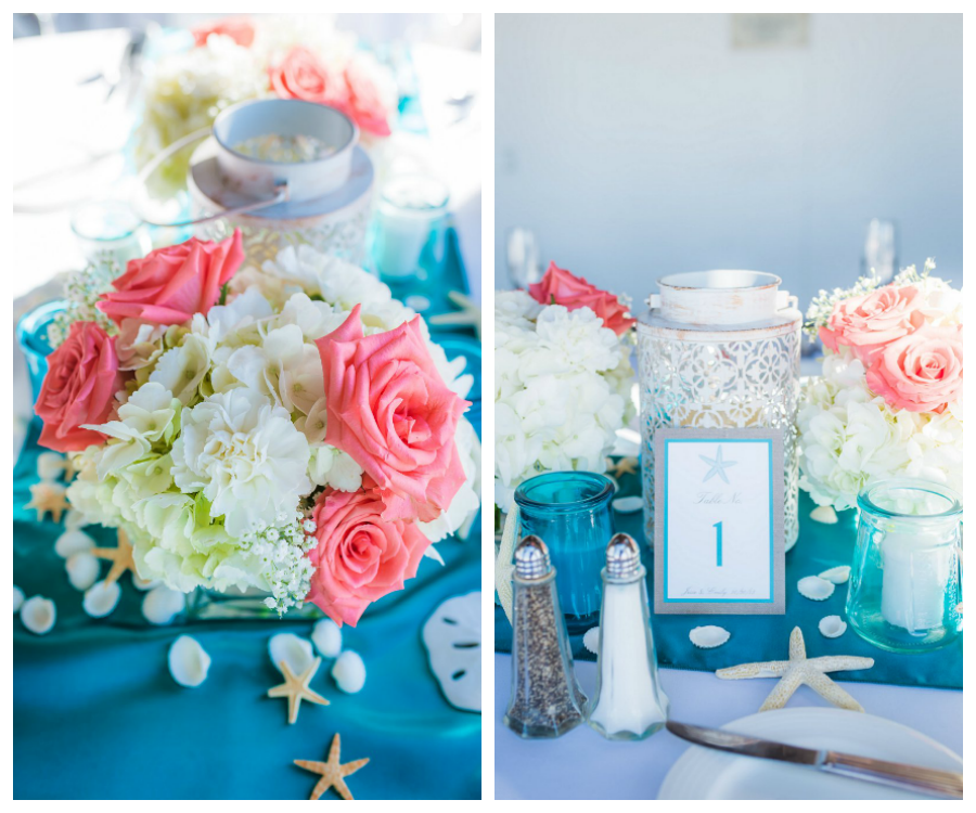 Beach Wedding Reception Decor | Blue, Green, Teal, Ivory and Pink Flower Centerpieces and Tealights and Starfish | Hilton Clearwater Beach