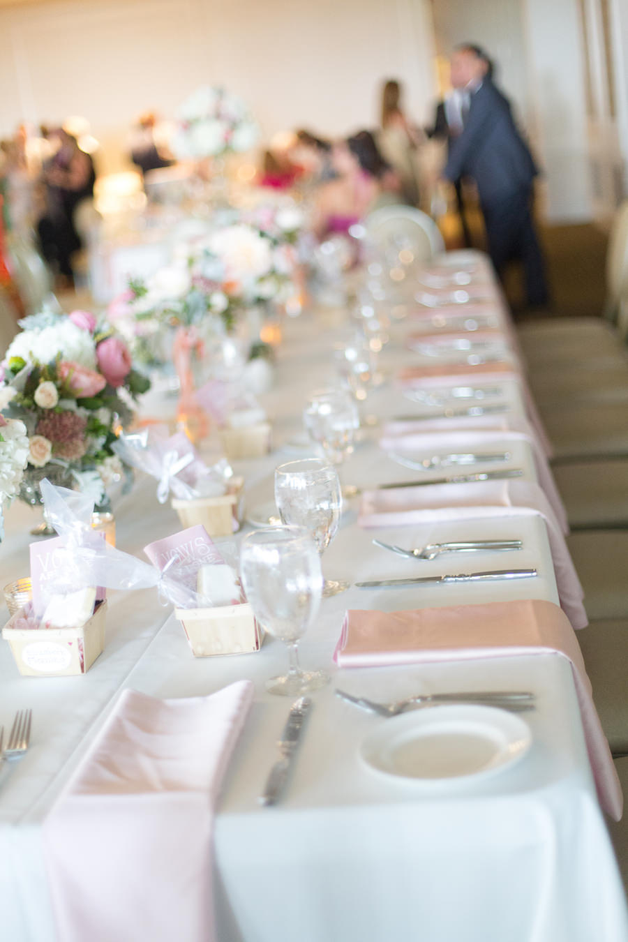 Wedding Reception Tablescape with Rectangle Tables and Gift Basket Favor and Light Pink Draped Napkins| Saint Petersburg Wedding Photographer Roohi Photography