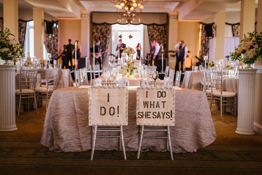 St. Petersburg Wedding Reception at Loews Don Cesar with Sweetheart Table Chair Sign