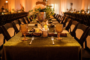 St. Petersburg, Earth Toned Lord of the Rings Inspired Wedding Reception with Green Metallic Linens, Glass Drinking Goblets, and White Floral Table Centerpieces | St. Petersburg Wedding Venue Garden Club of St. Petersburg | Wedding Florist Wonderland Floral Art and Gift Loft