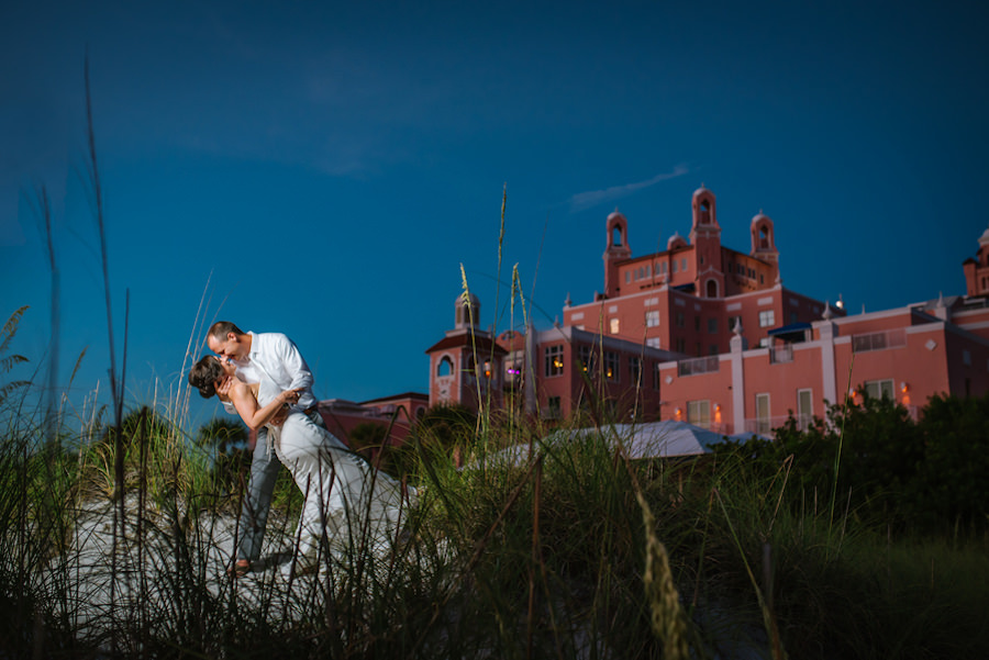 Florida Bride and Groom Sunset Wedding Portrait on St. Petersburg Beach | St Pete Wedding Venue Loews Don CeSar