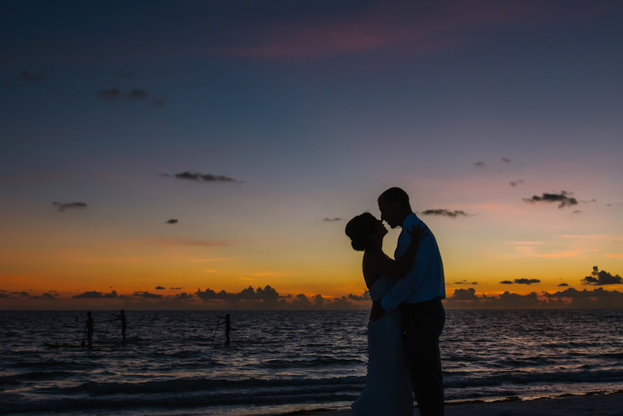 Florida Bride and Groom, Waterfront Silhouette Sunset Wedding Portraits on St. Pete Beach