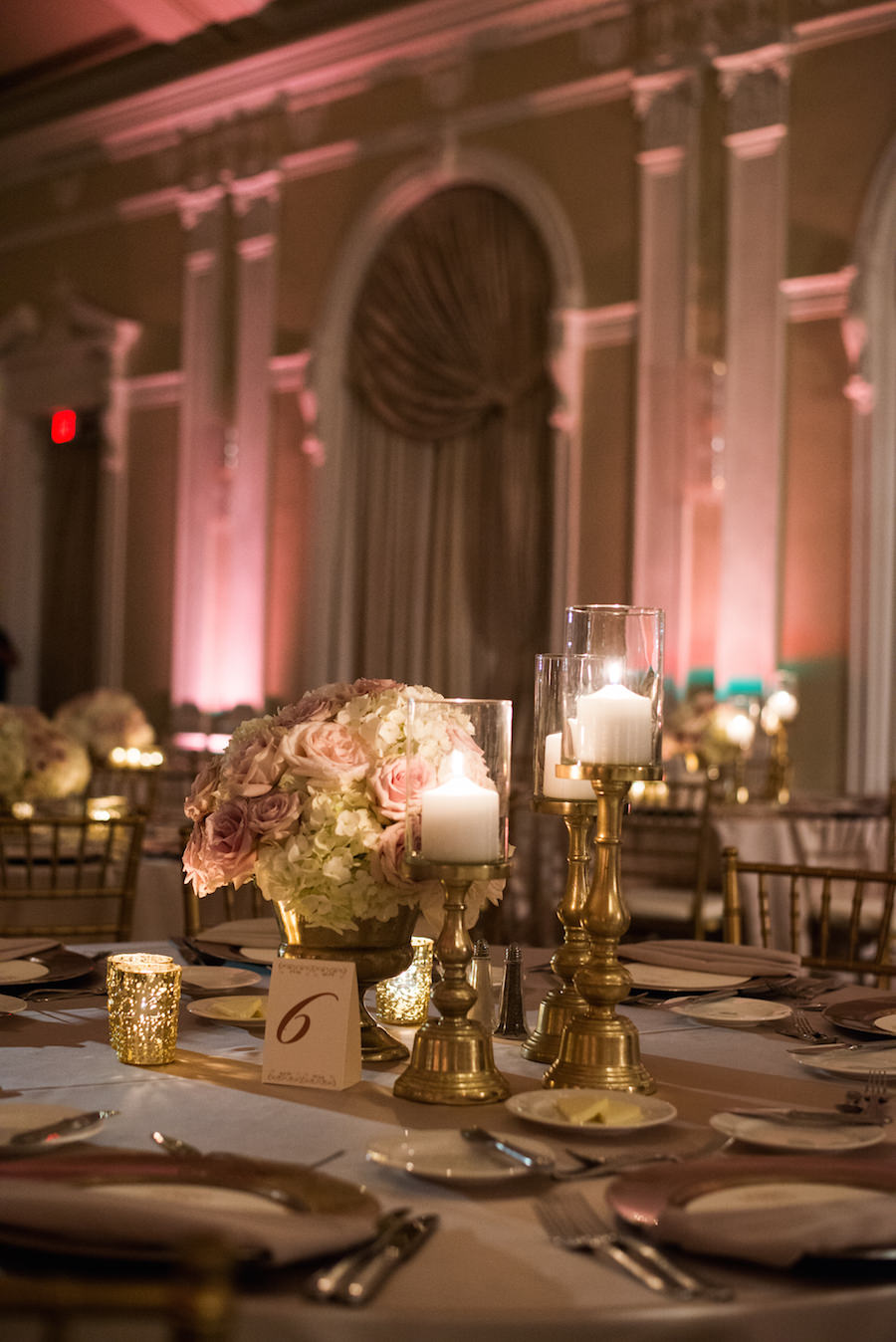 Wedding Reception Table Decor with Ivory and Blush Floral Centerpieces and Gold Candelabras