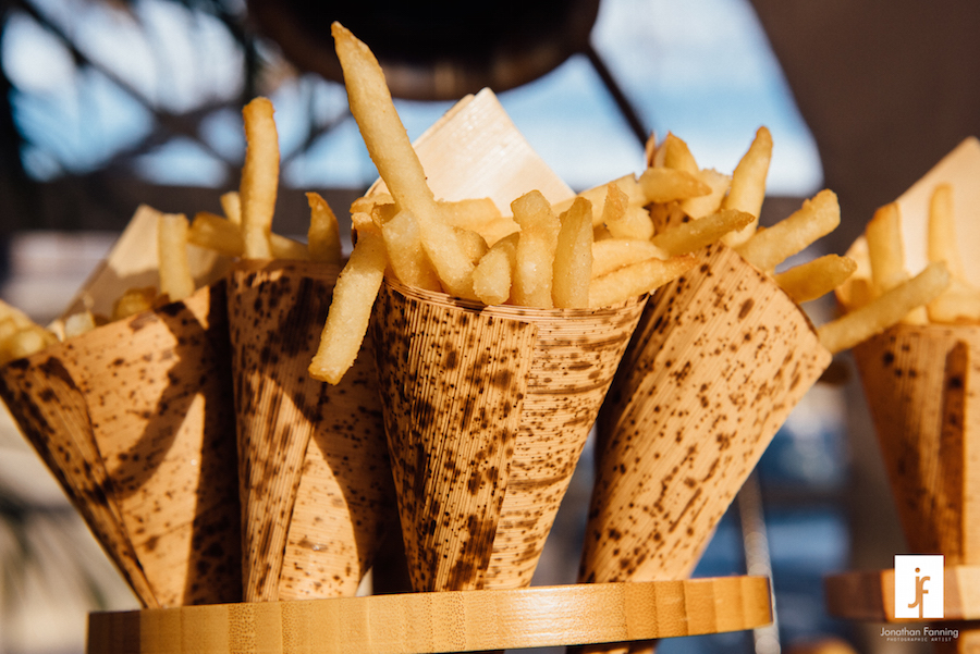 late night wedding snacks at reception, french-fries in unique cone-wrapper for wedding, Tampa Wedding Caterer Amicis Catered Cuisine