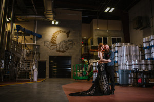 Bridal and Groom Industrial, Brewery Wedding Portrait in Black Wedding Gown| Ybor Wedding Venue Coppertail Brewing Co