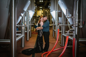 Bridal and Groom Industrial, Brewery Wedding Portrait in Black Wedding Gown| Ybor Wedding Venue Coppertail Brewing Co