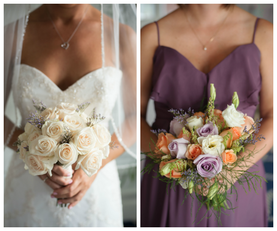 Bridal Wedding Portrait in Strapless, Ivory Beaded Wedding Dress with Ivory Bouquet of Roses and Purple Bella Bridesmaid Dress with Peach and Purple Bouquet of Flowers