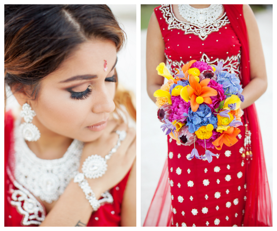 Indian, St. Petersburg Bridal Wedding Portrait with Red Sari and Vibrant, Colorful Pink, Orange and Blue Wedding Bouquet | St. Petersburg Wedding Florist Iza's Flowers