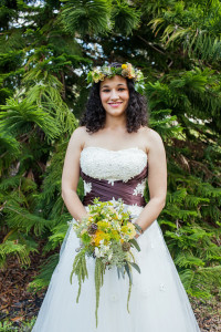 Outdoor, Wedding Portrait in Strapless Brown and White and Brown Wedding Dress and Yellow, Green, and White Bouquet of Flowers and Flower Crown | St. Petersburg Wedding Florist Wonderland Floral Art and Gift Loft