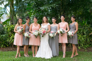 Bridal Party Wedding Day Portrait in JCrew Light Pink and Grey Mis-matched Dresses with White and Pink Bouquets|Saint Petersburg Wedding Photographer Roohi Photography