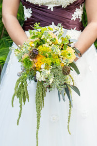 Outdoor, Wedding Portrait in Brown and White Wedding Dress and Yellow, Green, and White Bouquet of Flowers | St. Petersburg Wedding Florist Wonderland Floral Art and Gift Loft