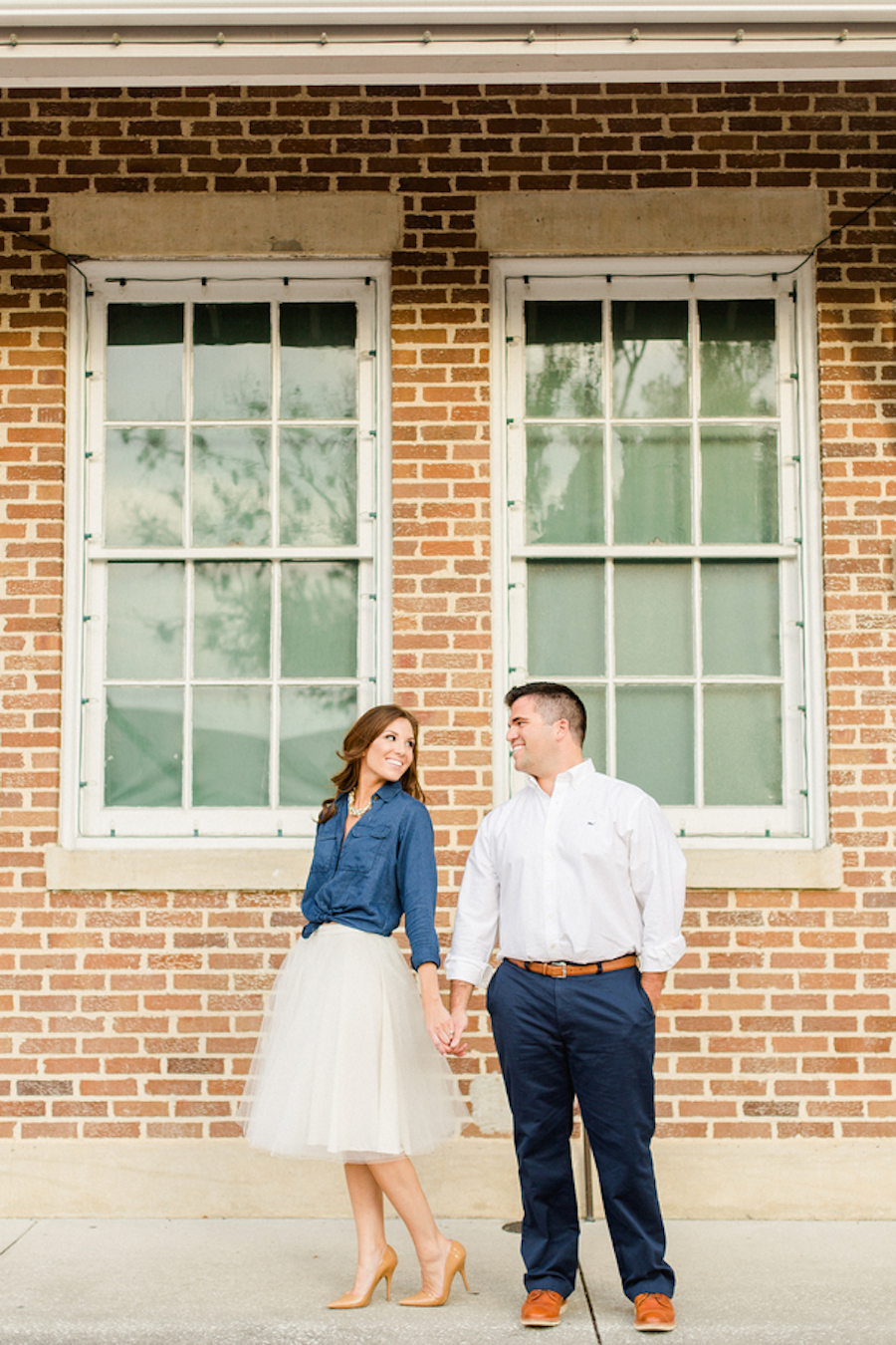 St. Pete Outdoor Engagement Portrait with Brick Wall and Tulle Skirt with Denim Shirt | St. Petersburg Wedding Photographer Ailyn La Torre Photography