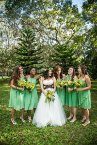Outdoor, St. Pete Bridal Wedding Portrait in Brown and White Wedding Dress and Bridesmaids in Green, Tea Length Bridesmaids Dresses | St. Petersburg Wedding Florist Wonderland Floral Art and Gift Loft