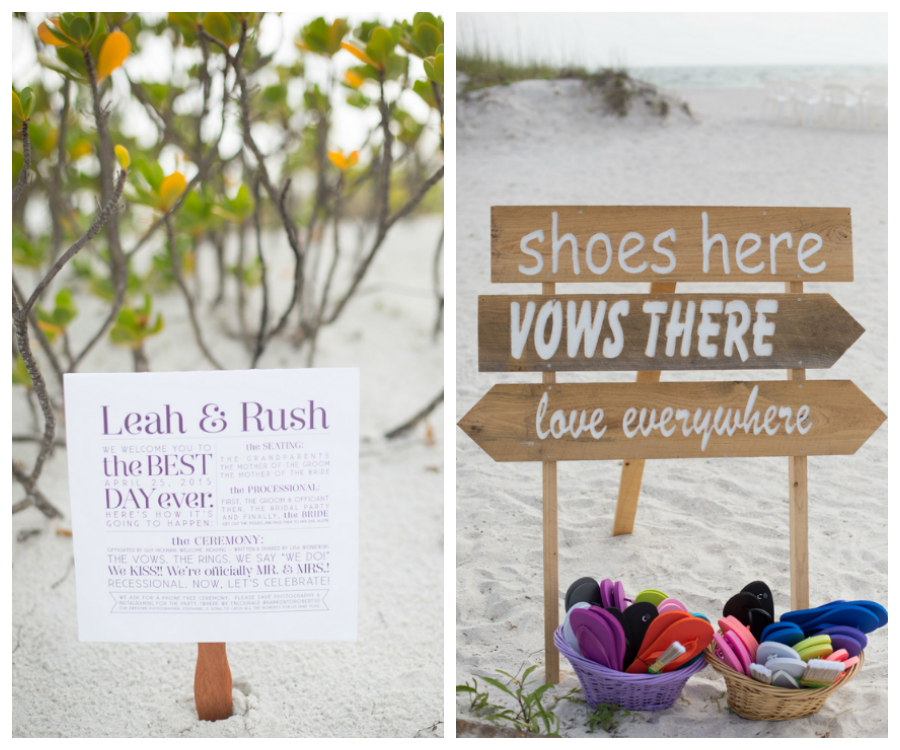 Beachfront, Clearwater Wedding Ceremony Signage with Paper Fan and Flip Flop Shoe Station