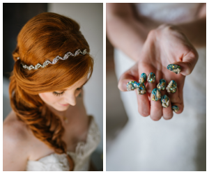 Bridal Wedding Portrait with Fishtail Braid and Crystal, Rhinestone Headband and Nautical Inspired Nails