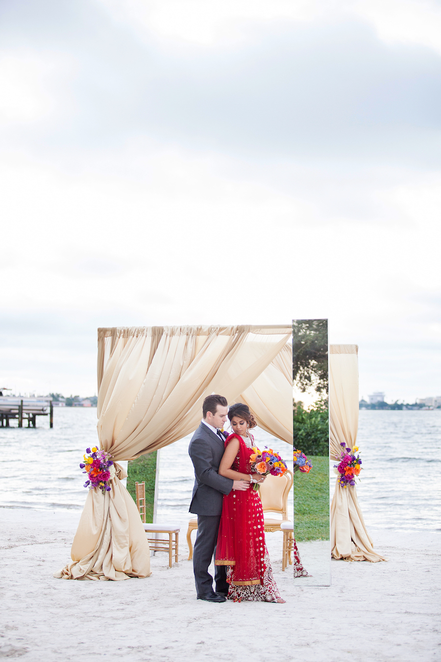 Indian Inspired, Outdoor Beach St. Petersburg Bride and Groom Wedding Portrait | St. Pete Wedding Venue Isla del Sol Yacht and Country Club | St. Petersburg Wedding Florist Iza's Flowers